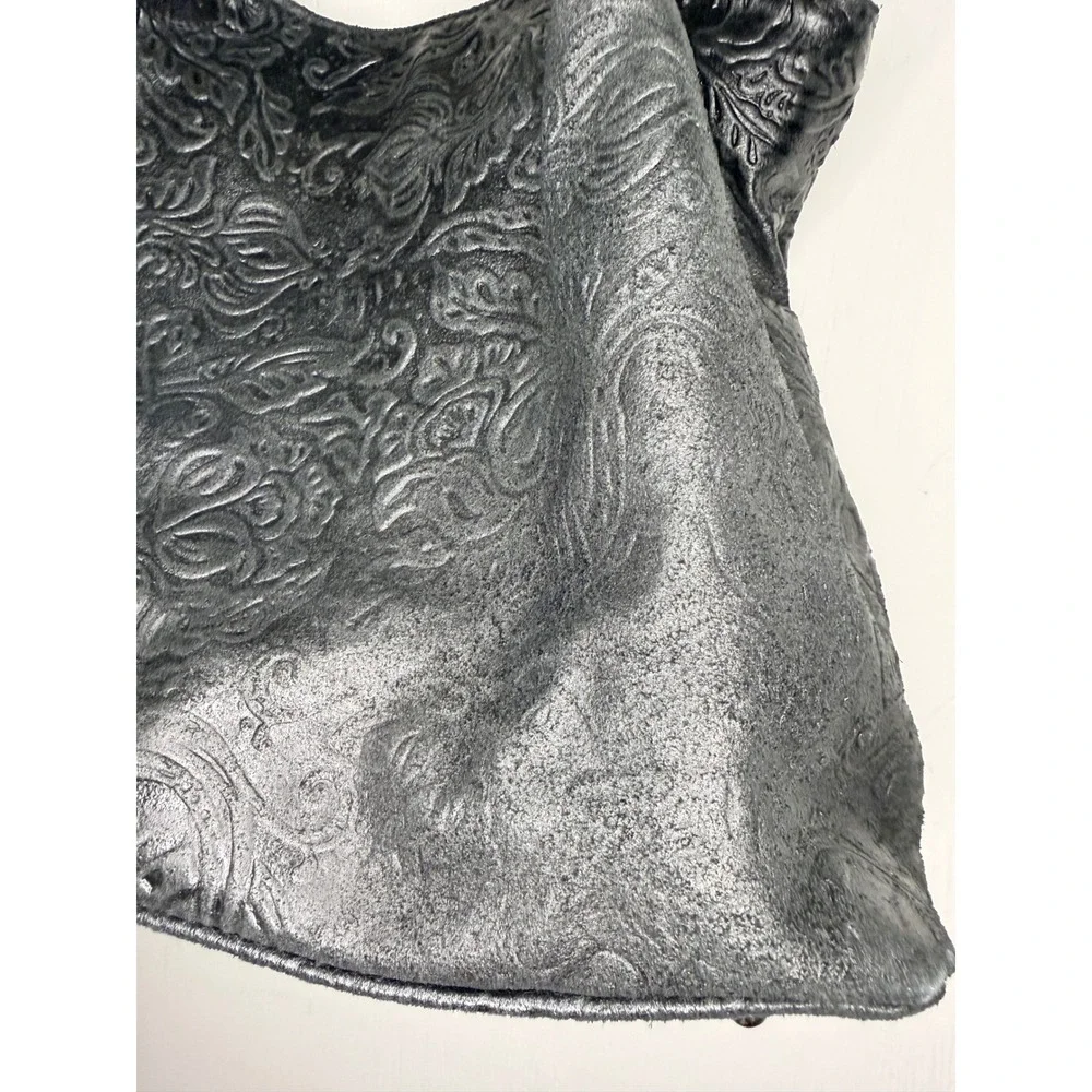 Isadora Italy Black Embossed Floral Leather Hobo Bag Slouchy Shoulder Tote Large